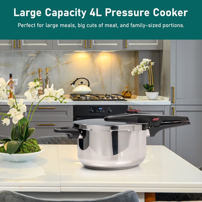 Ideal for family meal prep, this 4L stainless steel pressure cooker saves time while retaining the flavors of your dishes.