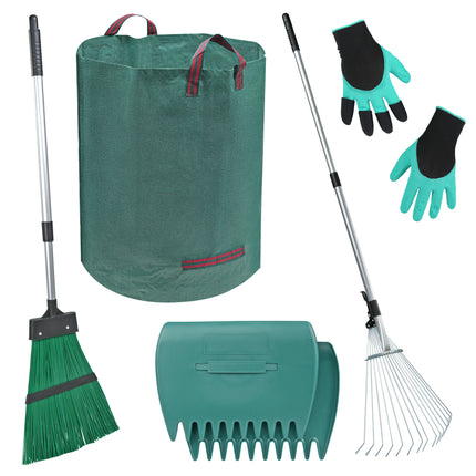 5-Piece Garden Leaf Rake Set with Grabbers, Gloves & 500L Bag