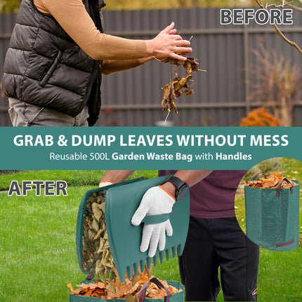 5-Piece Garden Leaf Rake Set with Grabbers, Gloves & 500L Bag