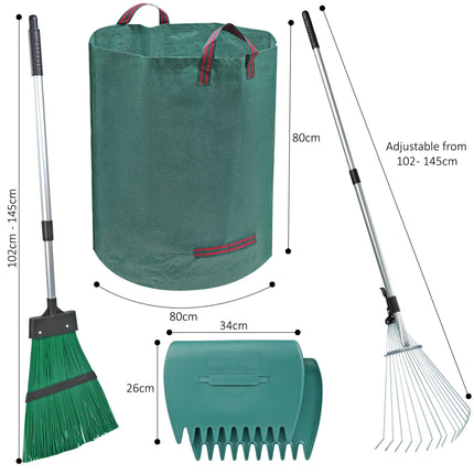 5-Piece Garden Leaf Rake Set with Grabbers, Gloves & 500L Bag
