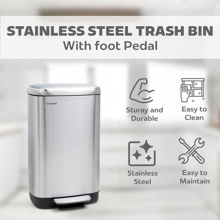 Silver 30L Rectangular Pedal Bin – Stainless Steel, Soft-Close Lid