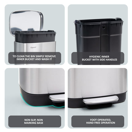 Silver 30L Rectangular Pedal Bin – Stainless Steel, Soft-Close Lid