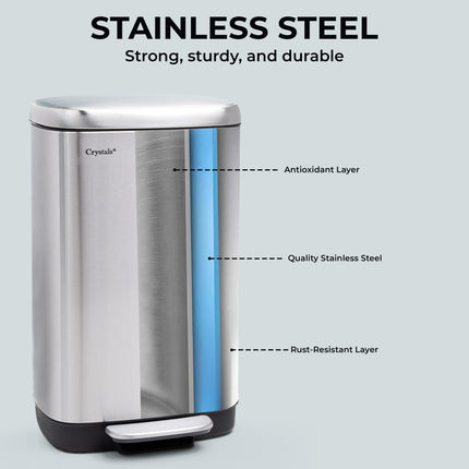 Silver 30L Rectangular Pedal Bin – Stainless Steel, Soft-Close Lid