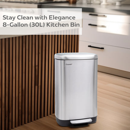 Silver 30L Rectangular Pedal Bin – Stainless Steel, Soft-Close Lid