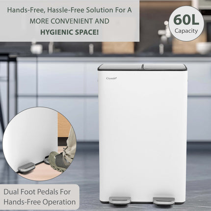 White 60L Dual Pedal Bin for Kitchen Waste & Recycling