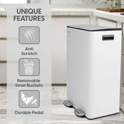 White 60L Dual Pedal Bin for Kitchen Waste & Recycling