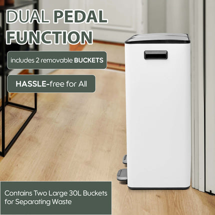 White 60L Dual Pedal Bin for Kitchen Waste & Recycling