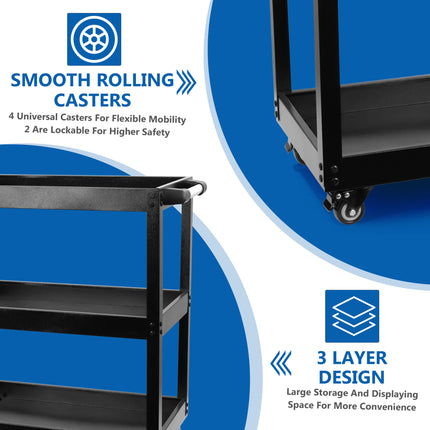 Heavy-Duty 3-Tier Black Tool Trolley – Steel Workshop Cart with Storage Trays & Locking Wheels – 75Kg Capacity for Tools & Equipment
