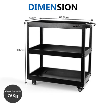 Heavy-Duty 3-Tier Black Tool Trolley – Steel Workshop Cart with Storage Trays & Locking Wheels – 75Kg Capacity for Tools & Equipment