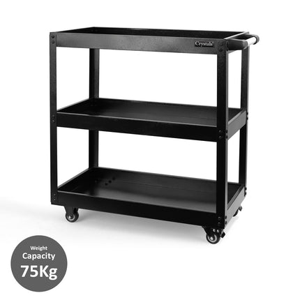 Heavy-Duty 3-Tier Black Tool Trolley – Steel Workshop Cart with Storage Trays & Locking Wheels – 75Kg Capacity for Tools & Equipment