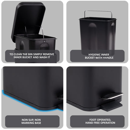 Black bin with soft lid and foot pedal for hands-free waste disposal