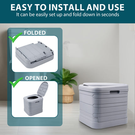 Green foldable camping toilet with carry handle and lid