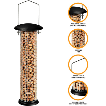 Hanging metal peanut bird feeder for garden use in the UK with wild birds