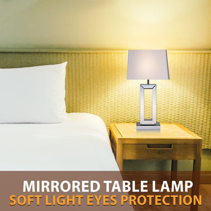Glam mirrored table lamp with white fabric shade, perfect for the living room.