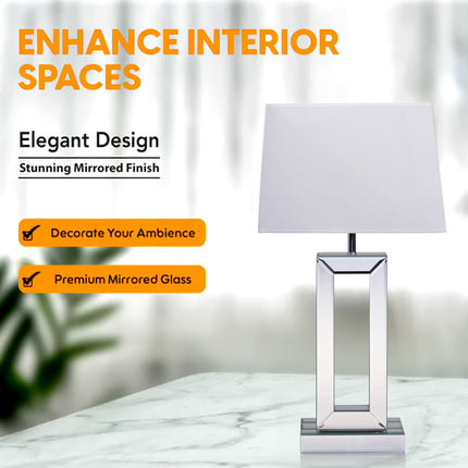 Mirrored table desk lamp with white fabric shade for stylish home lighting.