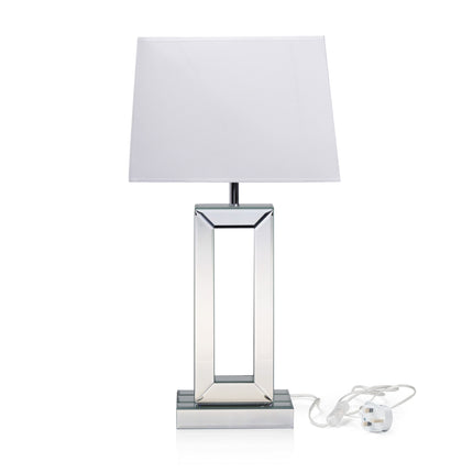 Modern mirrored table lamp with white rectangular fabric lampshade.