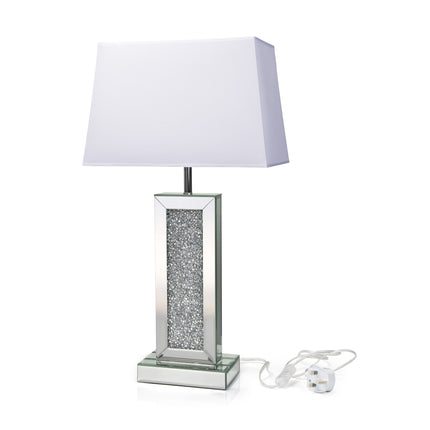 Elegant mirrored table lamp with white rectangular fabric shade