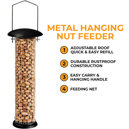 Close-up of metal hanging peanut bird feeder for wild birds in UK gardens