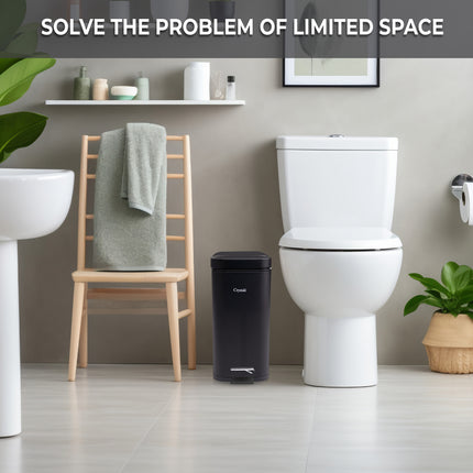 Black rectangular pedal bin with soft close lid for indoor waste