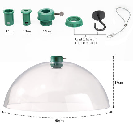 Plastic squirrel guard dome designed to protect hanging bird feeders
