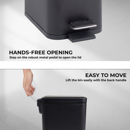 Angled view of 5L rectangular black pedal waste bin