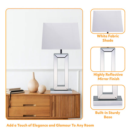 White rectangular fabric shade on a mirrored table desk lamp.