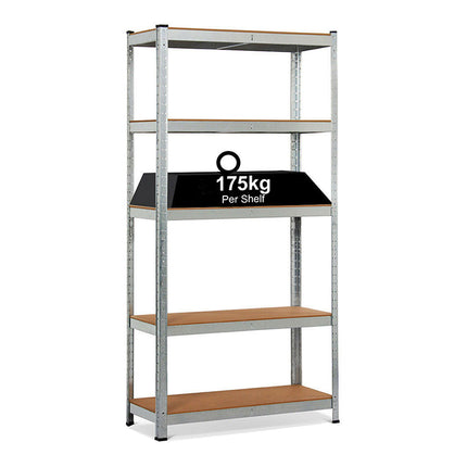 Heavy-duty 5-tier galvanized metal shelving unit for garage, warehouse, and office storage. Adjustable and versatile, designed for heavy-duty storage in the UK