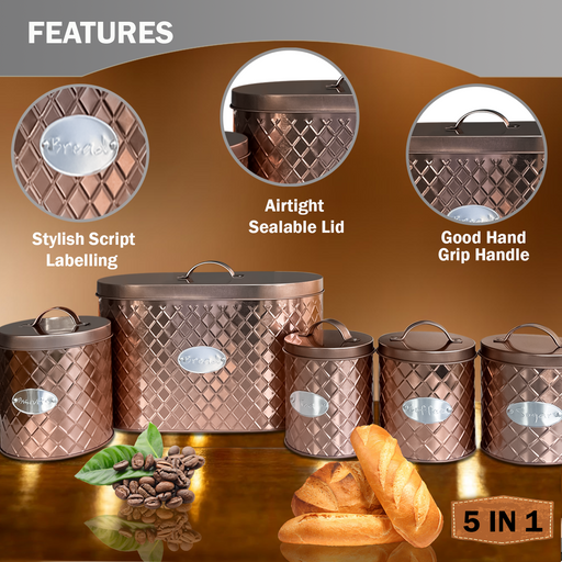Features Copper Bread Bin with Canisters