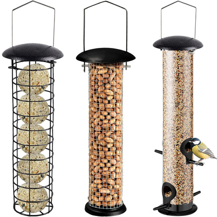 Complete set of hanging bird feeders for seeds peanuts and fat balls in UK gardens