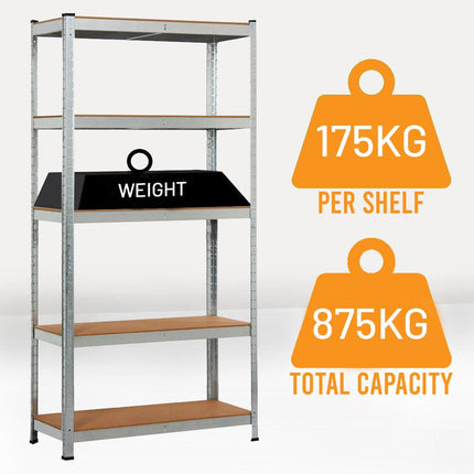 Garage shelving with heavy-duty metal racking, ideal for storage of tools, boxes, and equipment. Durable galvanized steel frame for long-lasting performance.