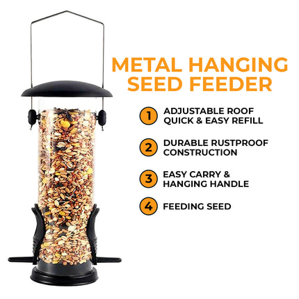 Hanging seed bird feeder in durable green metal finish