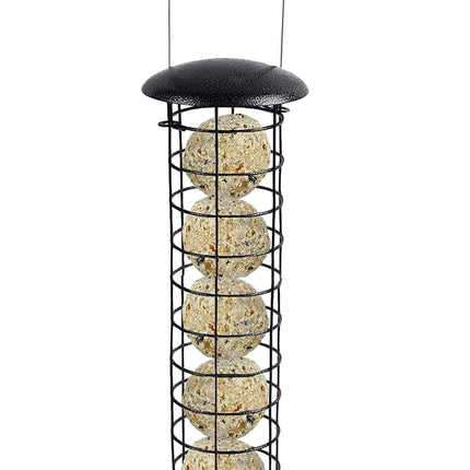Hanging fat ball bird feeder metal design for UK gardens squirrels safe