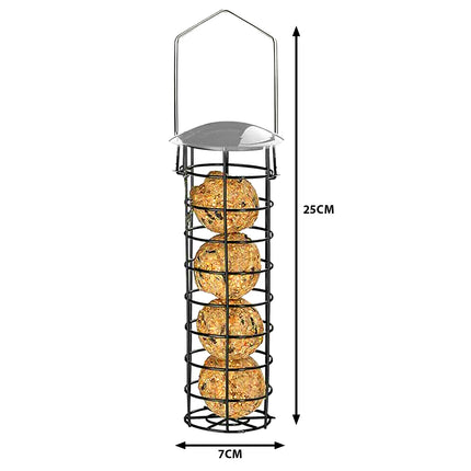 metal fat ball feeder for wild birds in UK gardens