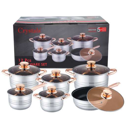 Full 12-piece stainless steel cookware set with lids for UK kitchens