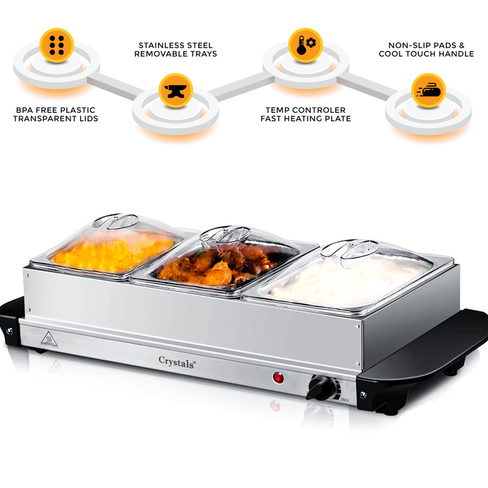 Electric Food Warmer's stainless steel base doubles as a hot plate for warming serving dishes.
