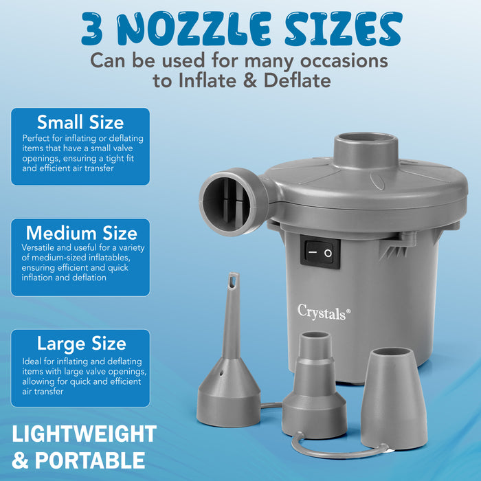 Electric air pump with 3 valve adapters for versatile inflating