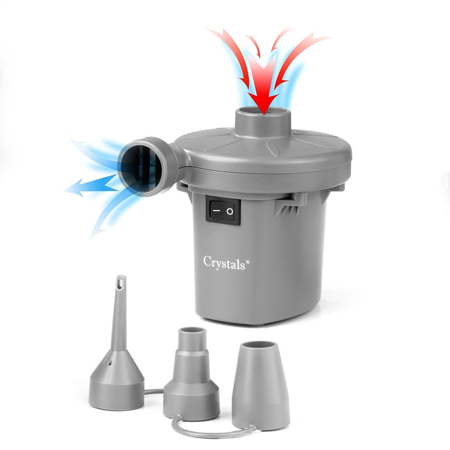 240V electric air pump for airbeds, pools, and camping with 3 nozzles