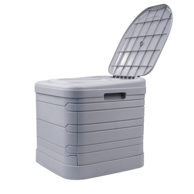 Folding camping toilet with lid open showing seat design