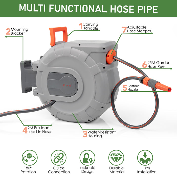 25m retractable hose reel with 180° rotation for flexible watering
