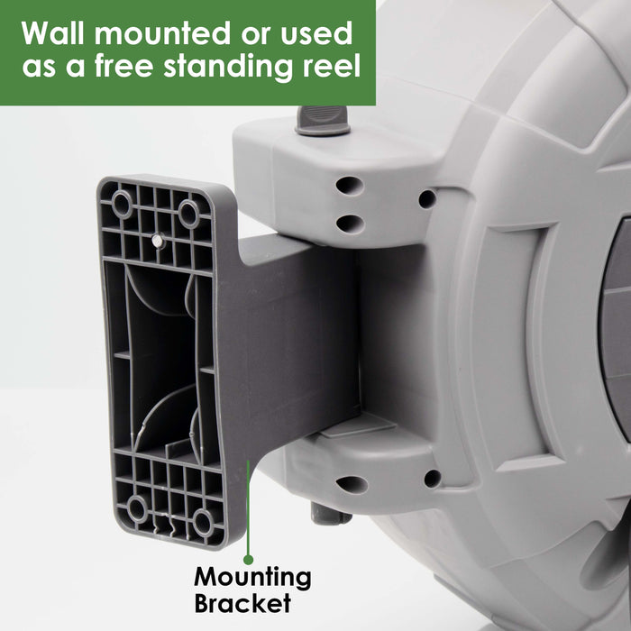 Installed 25m garden hose reel with wall bracket and swivel mount
