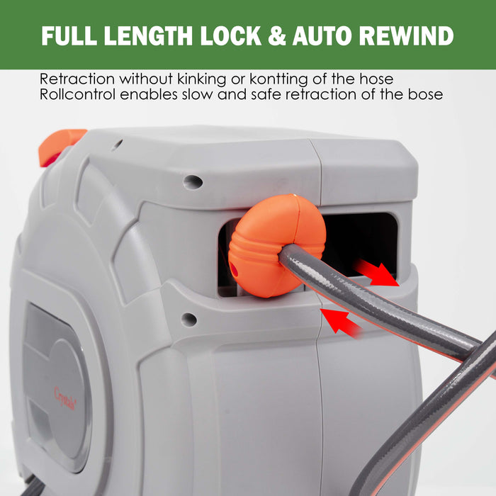 Close-up of the 25m retractable hose reel mechanism and high-pressure PVC hose