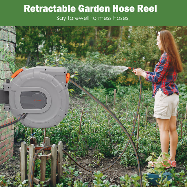 25m wall-mounted garden hose reel with auto rewind for outdoor garden watering
