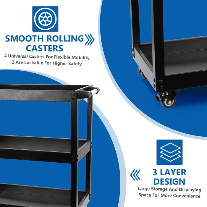 3-tier black workshop storage cart with robust steel construction, suitable for UK service stations.