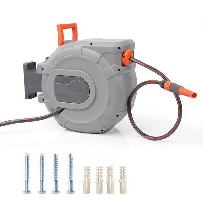 30m wall-mounted garden hose reel with auto rewind for outdoor use in UK gardens