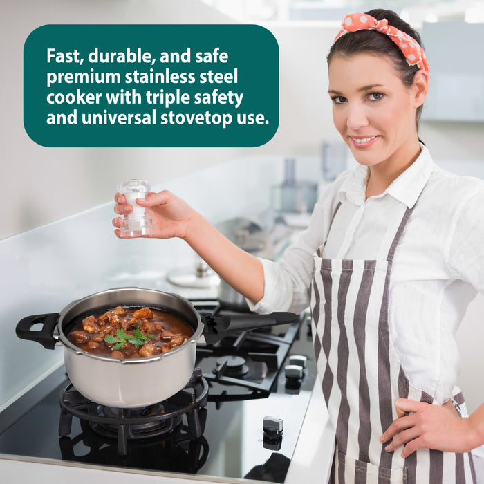 4L stainless steel pressure cooker with dual pressure release settings for easy and controlled cooking.