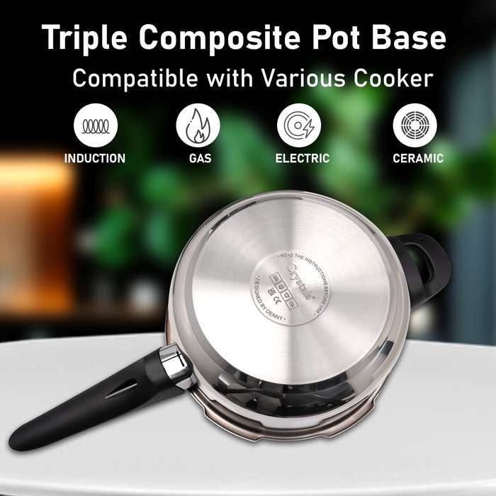 4L stainless steel pressure cooker with bonded steel base, ensuring even heat distribution for perfectly cooked meals.