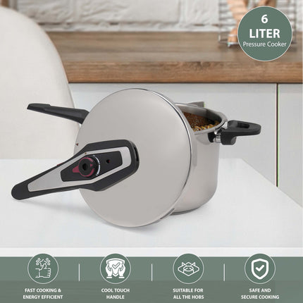 Large 6L stainless steel pressure cooker for catering and meal prep, perfect for quick, healthy, and large-scale cooking.