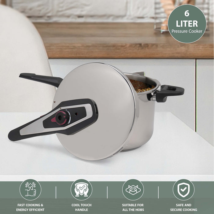 Large 6L stainless steel pressure cooker for catering and meal prep, perfect for quick, healthy, and large-scale cooking.