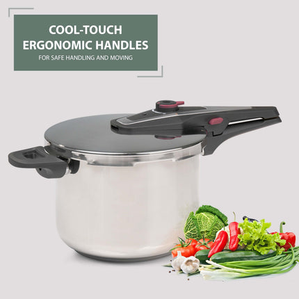 6L stainless steel pressure cooker with dual handles, designed for large family meals and catering kitchens, induction compatible.

