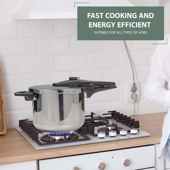 Close-up of 6L stainless steel pressure cooker with dual handles and robust design, ensuring safety and reliability for every cook.